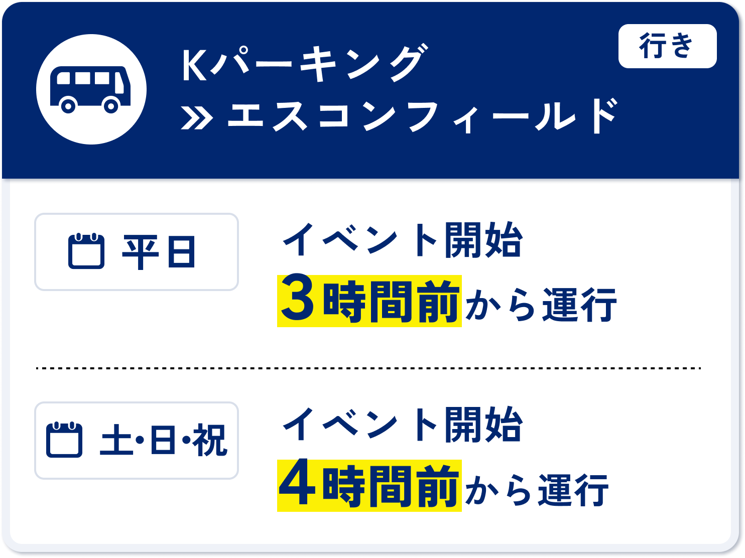 行き Kパーキングからエスコンフィールド 平日はイベント開始3時間前から運行、土日祝はイベント開始4時間前から運行